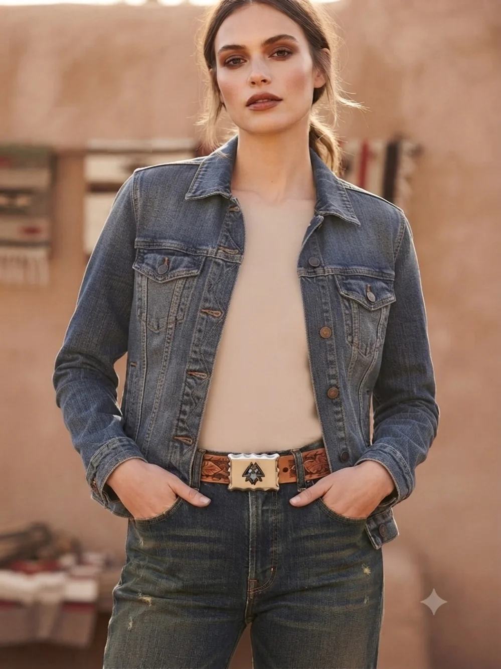 Western Tooled Leather Belt with Decorative Buckle - Brown
